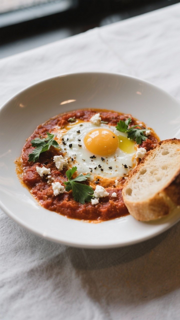 Final dish presentation: Restaurant-quality plating—individual serving of shakshuka scooped into a
