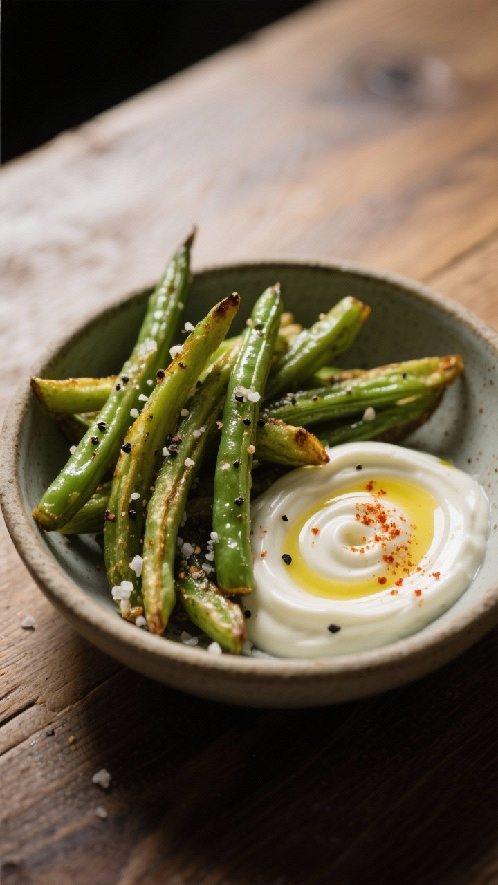 Final dish presentation: Restaurant-quality plating of green bean fries in a shallow stoneware bowl,