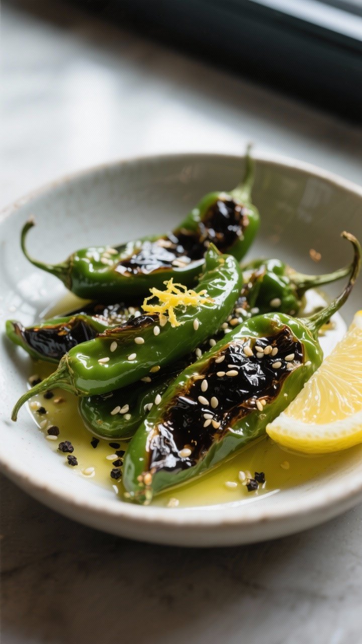 Final dish presentation: Restaurant-quality plating of Padron peppers arranged in a shallow bowl, gl