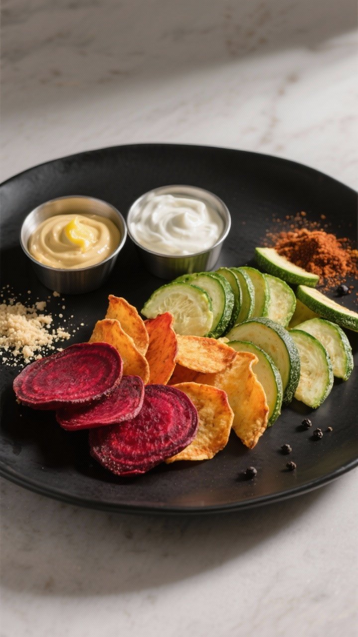 Final dish presentation: Restaurant-quality plating of rainbow vegetable chips on a matte black plat