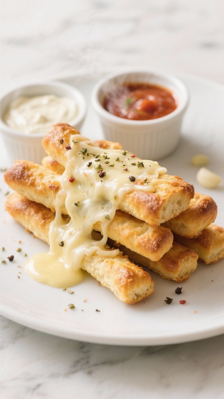 Final dish presentation: Restaurant-quality plating of golden, garlic-buttery cheesy breadsticks sta
