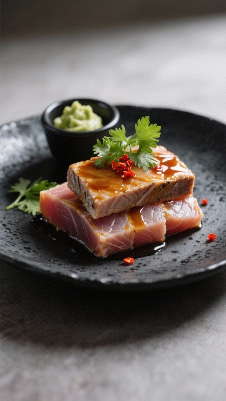 Final dish presentation: Restaurant-quality plating of thick tuna slices stacked slightly off-center
