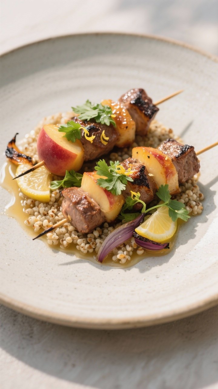 Final dish presentation: Restaurant-quality plating of two kebabs over a bed of warm quinoa with a d