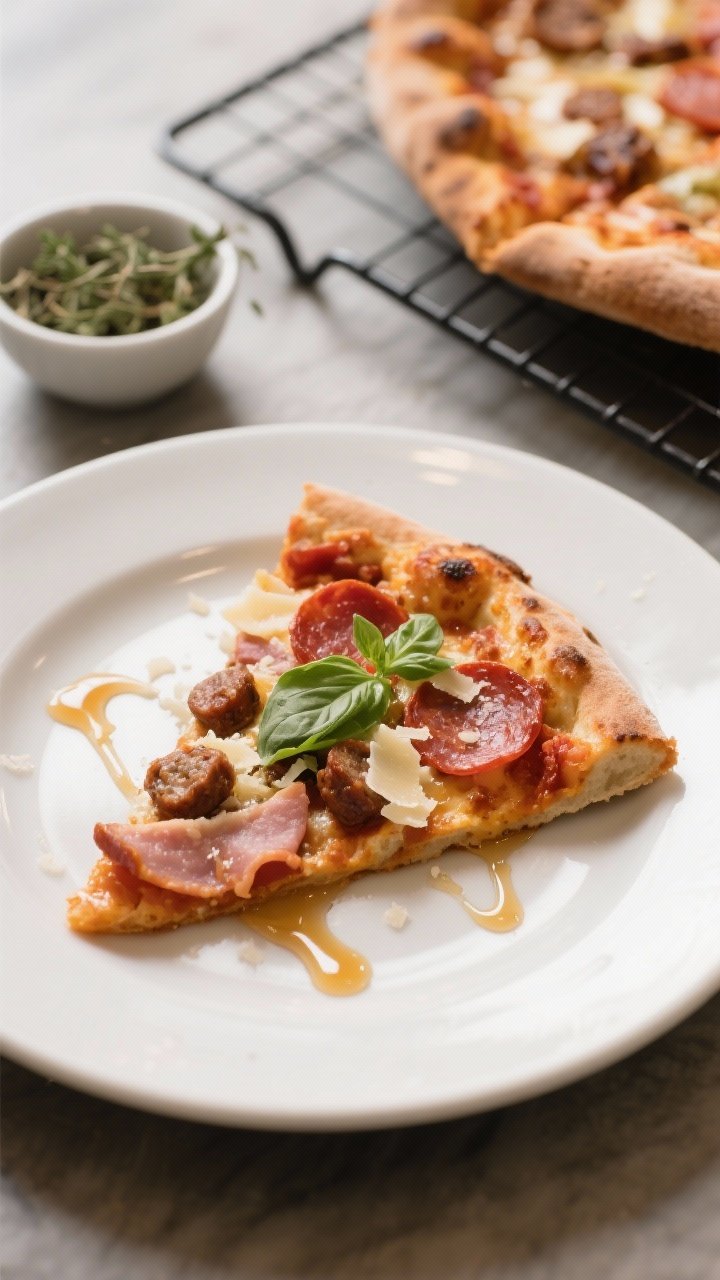 Final dish presentation: Restaurant-quality plating of a single slice on a white ceramic plate with 