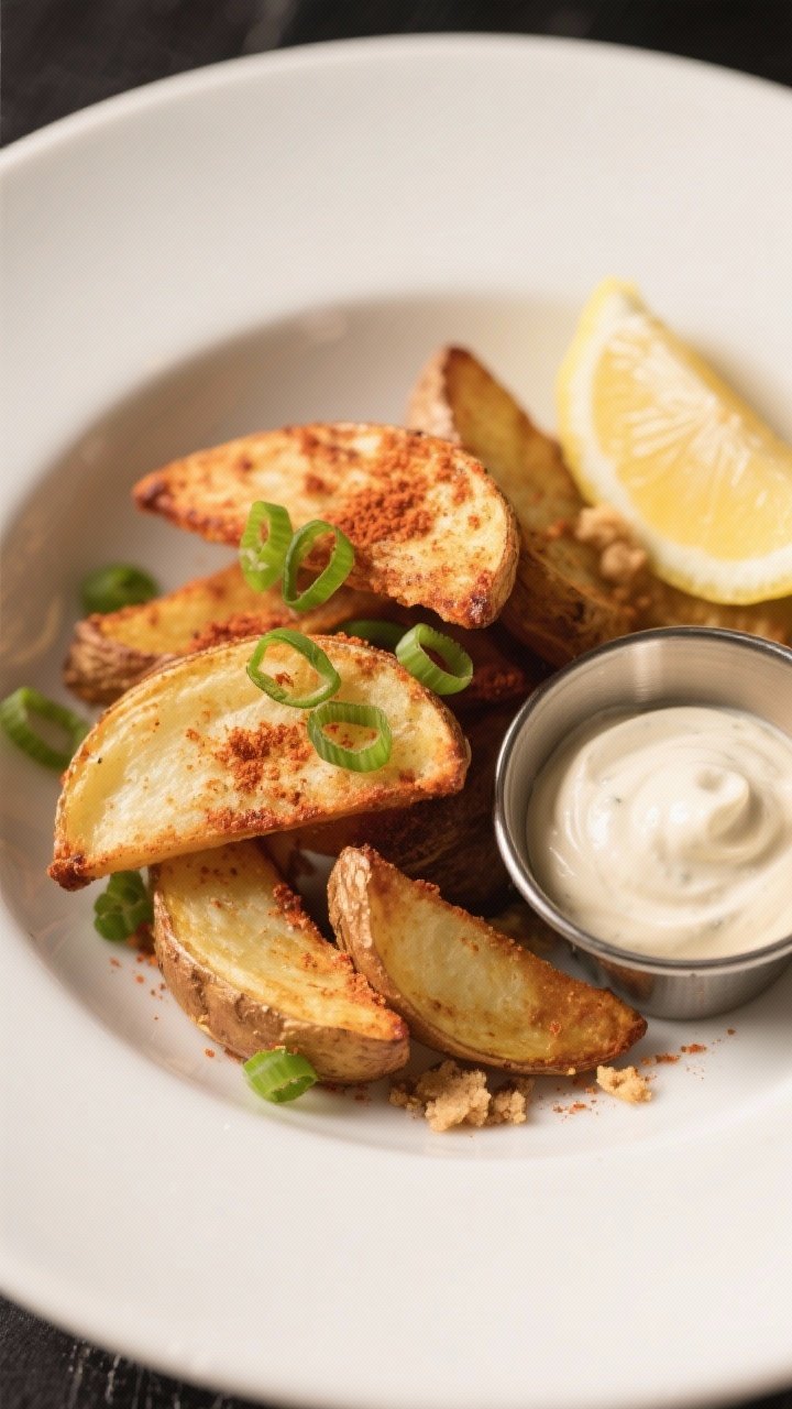 Final dish presentation: Restaurant-quality plating of Cajun potato wedges in a wide, shallow white 