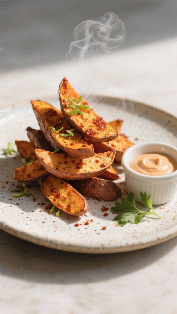 Final dish presentation: Restaurant-quality plating of sweet potato wedges stacked casually on a spe