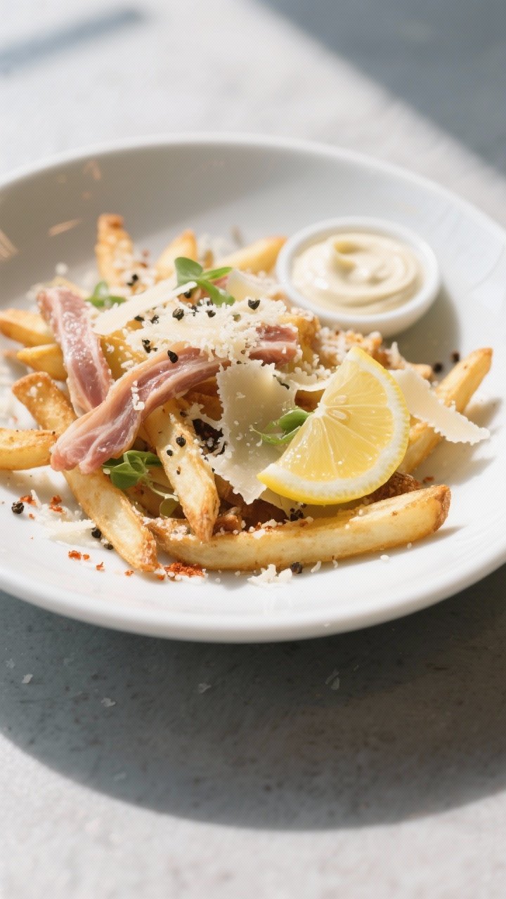 Final dish presentation: Restaurant-quality plating of Parmesan Lemon Pepper Fries variation in a sh