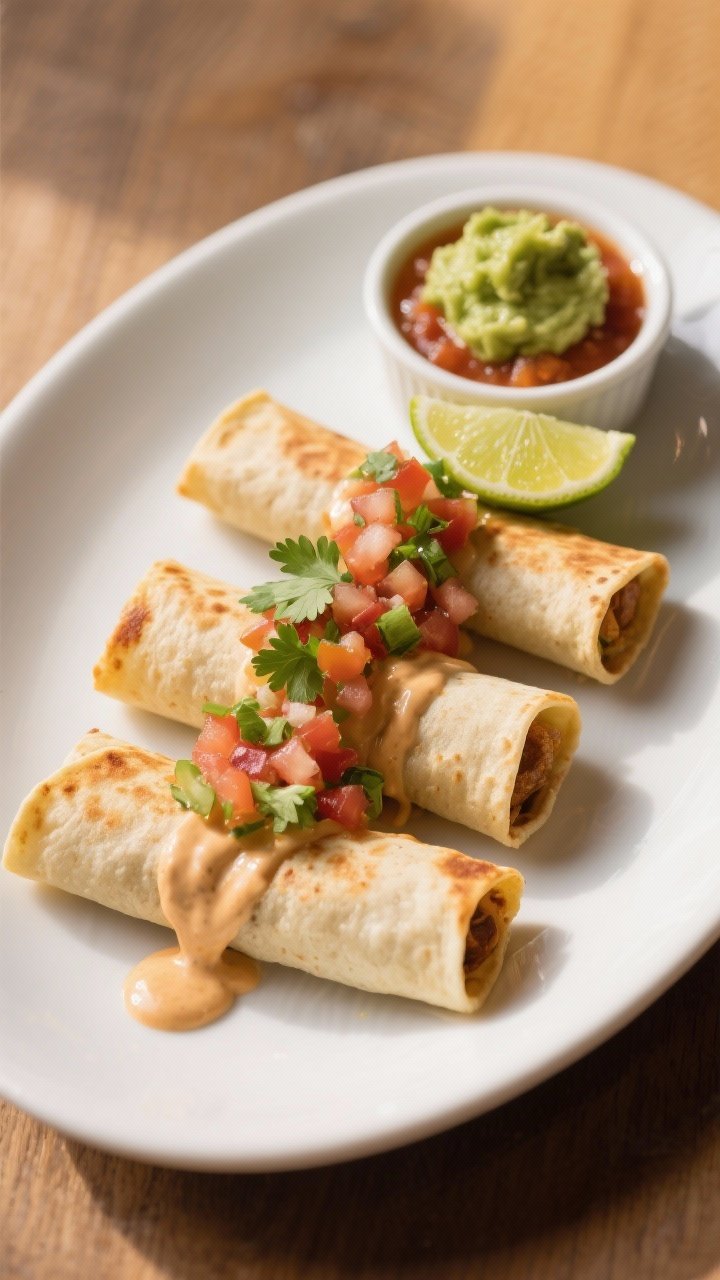 Final dish presentation: Restaurant-quality plating of three flour-tortilla taquitos arranged in a l