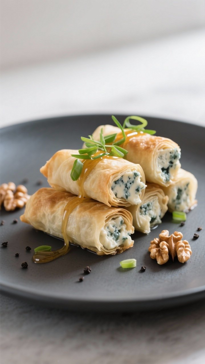 Final dish presentation: Restaurant-quality plating of 3–4 phyllo rolls stacked at a slight angle 