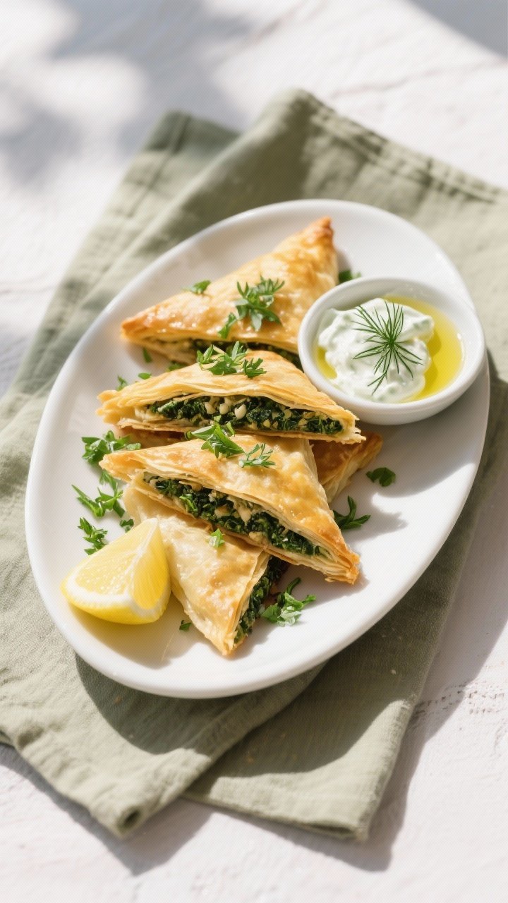 Final dish presentation: Restaurant-quality platter of spanakopita triangles stacked casually on a w