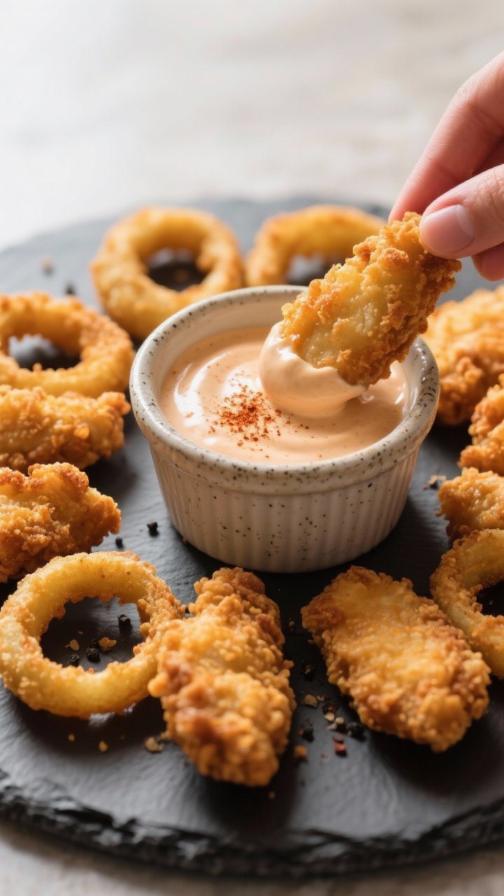 Final dish presentation: Restaurant-quality platter of air-fried onion rings and crispy chicken tend