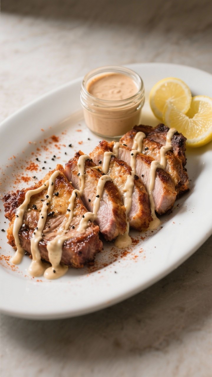 Final dish presentation: Restaurant-quality platter of air-fried pork chops sliced and fanned, drizz
