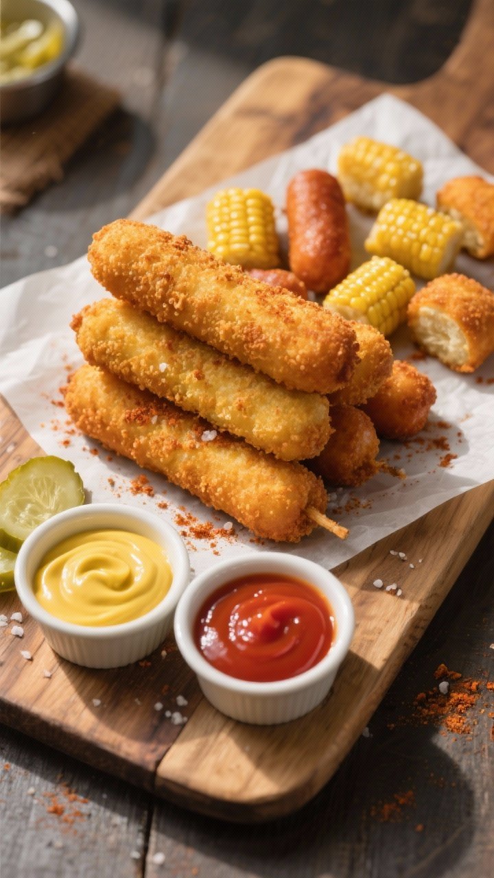 Final dish presentation: Restaurant-quality platter of assorted air-fried corn dogs—full-size and 