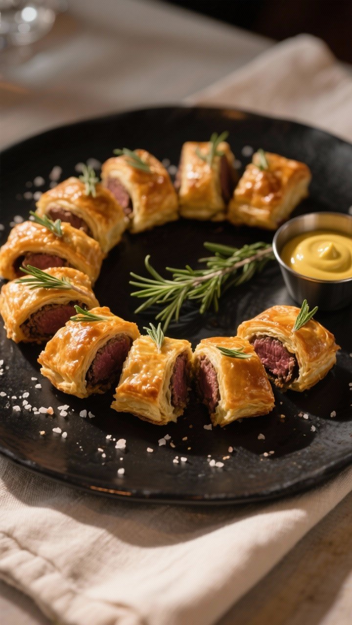 Final dish presentation: Restaurant-quality platter of Beef Wellington Bites arranged in a loose cre