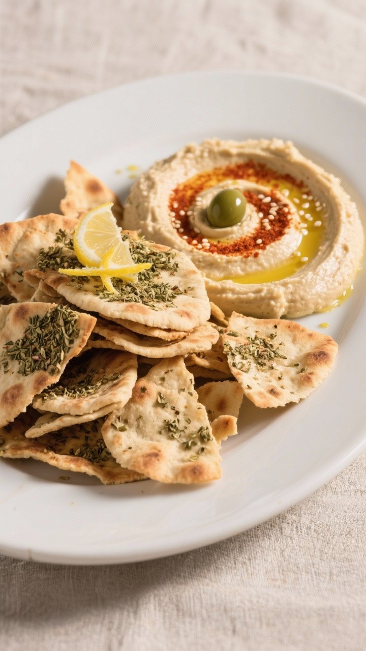 Final dish presentation: Restaurant-quality platter of za’atar pita chips piled high, garnished wi