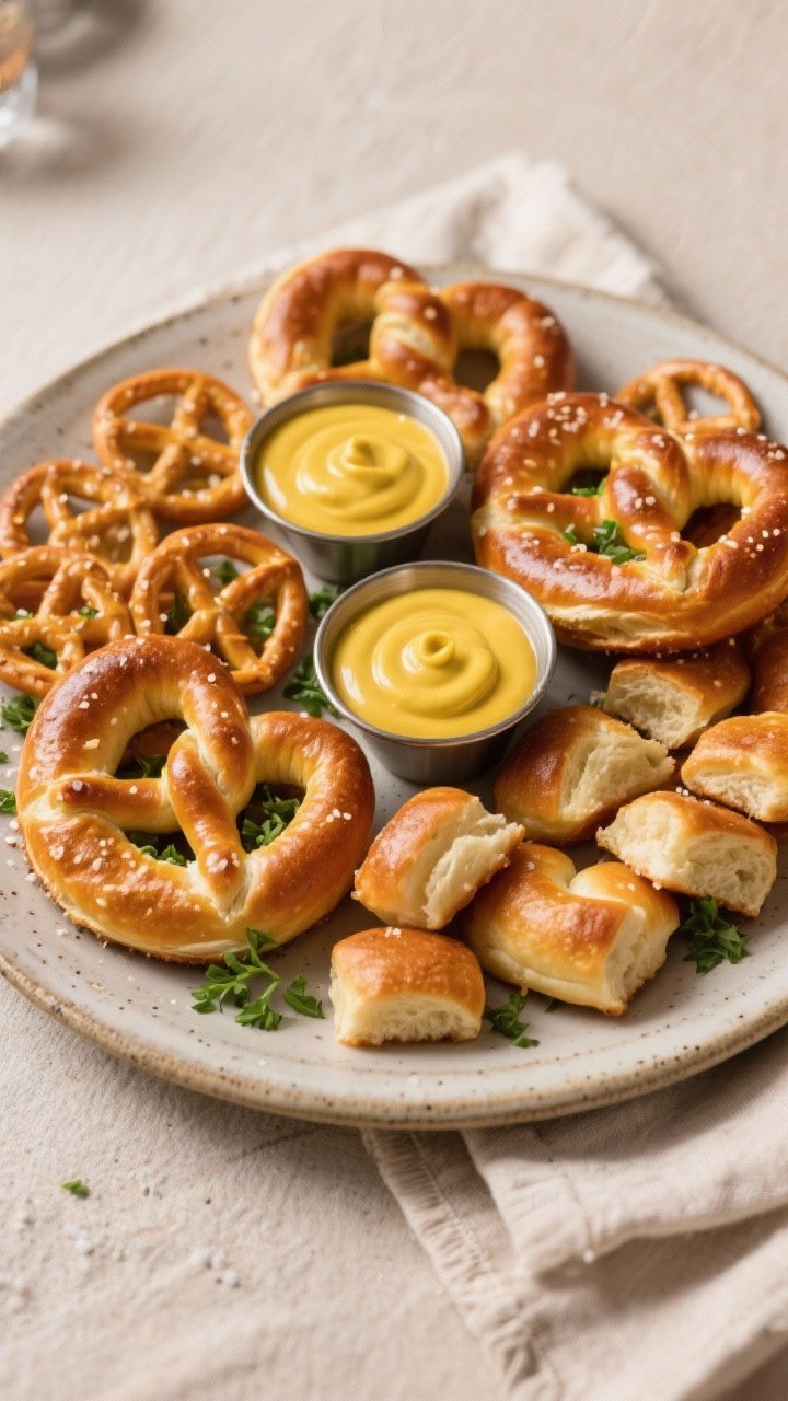 Final dish presentation: Restaurant-quality platter of assorted air fryer soft pretzels—standard t