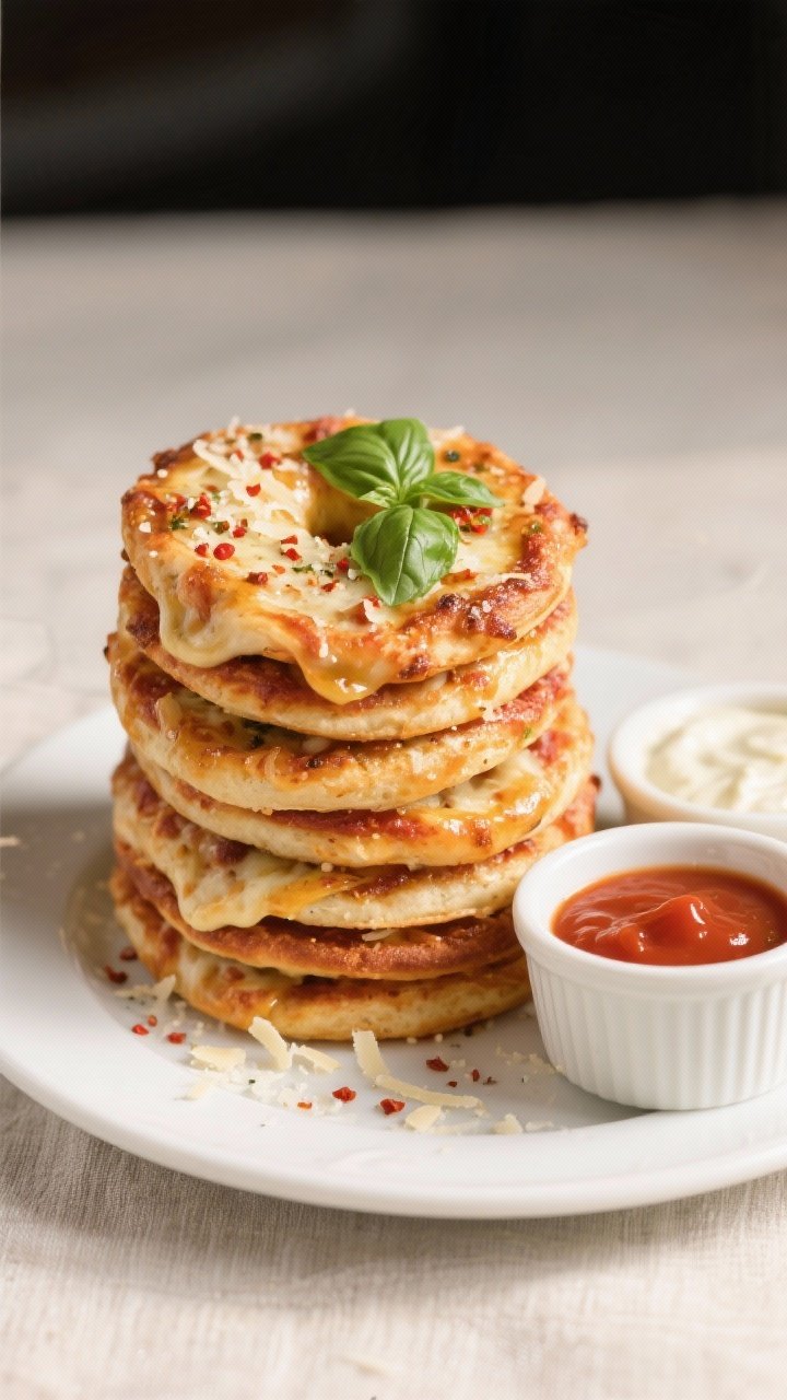 Final dish presentation: Restaurant-quality platter of Air Fryer Pizza Wheels stacked slightly, spir