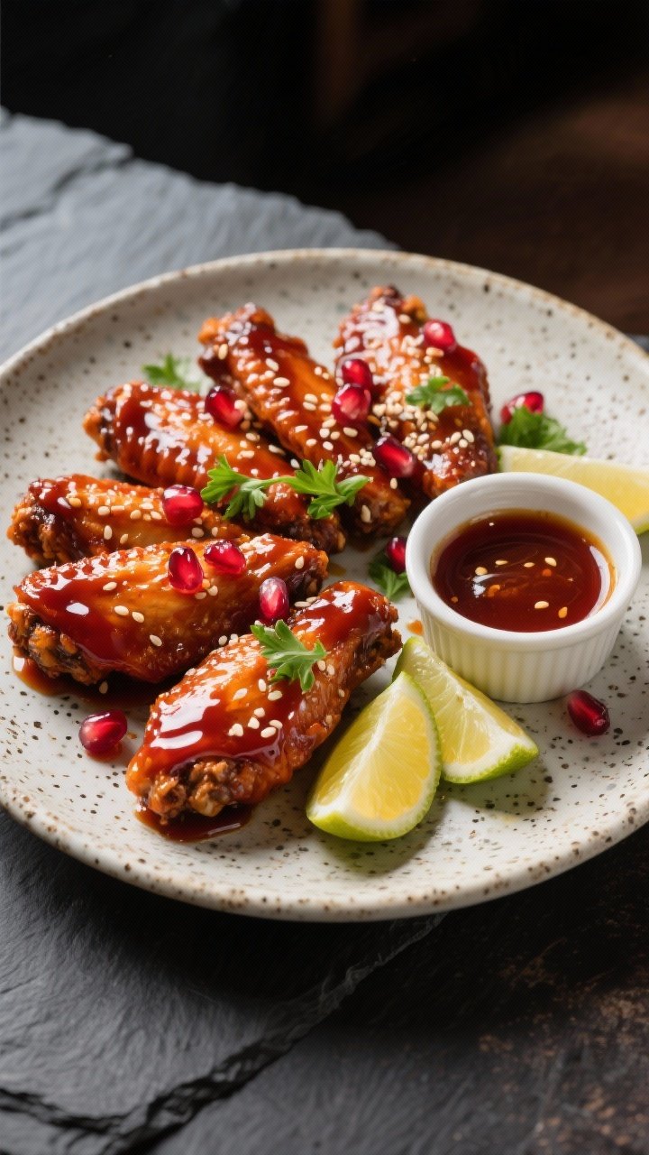 Final dish presentation: Restaurant-quality platter of Air Fryer Sticky Pomegranate Wings arranged i