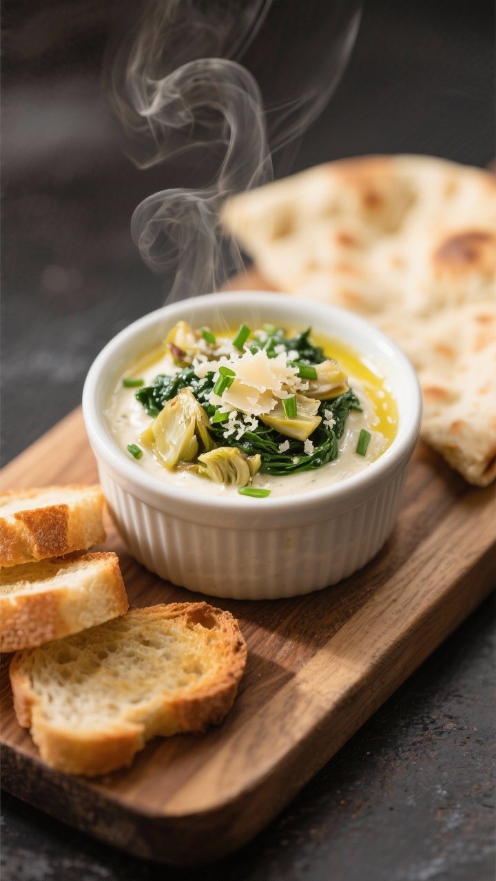 Final dish presentation: Restaurant-quality scene of the dip served on a wooden board; a portion sco