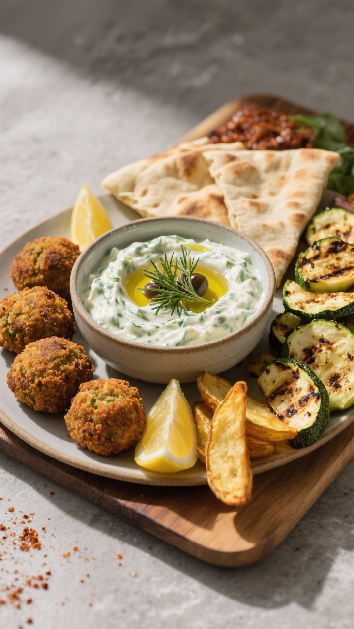 Final dish presentation: Restaurant-quality spread board featuring a central bowl of finished tzatzi