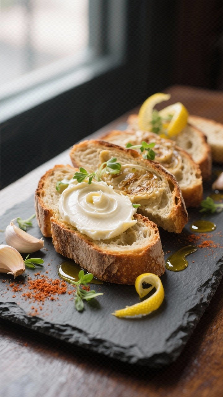 Final dish presentation: Restaurant-quality toast board featuring thick slices of rustic sourdough g
