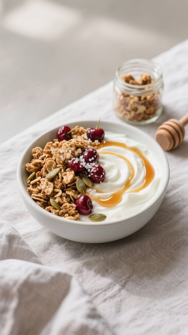 Final dish presentation: Restaurant-quality yogurt bowl topped with generous clusters of air fryer g
