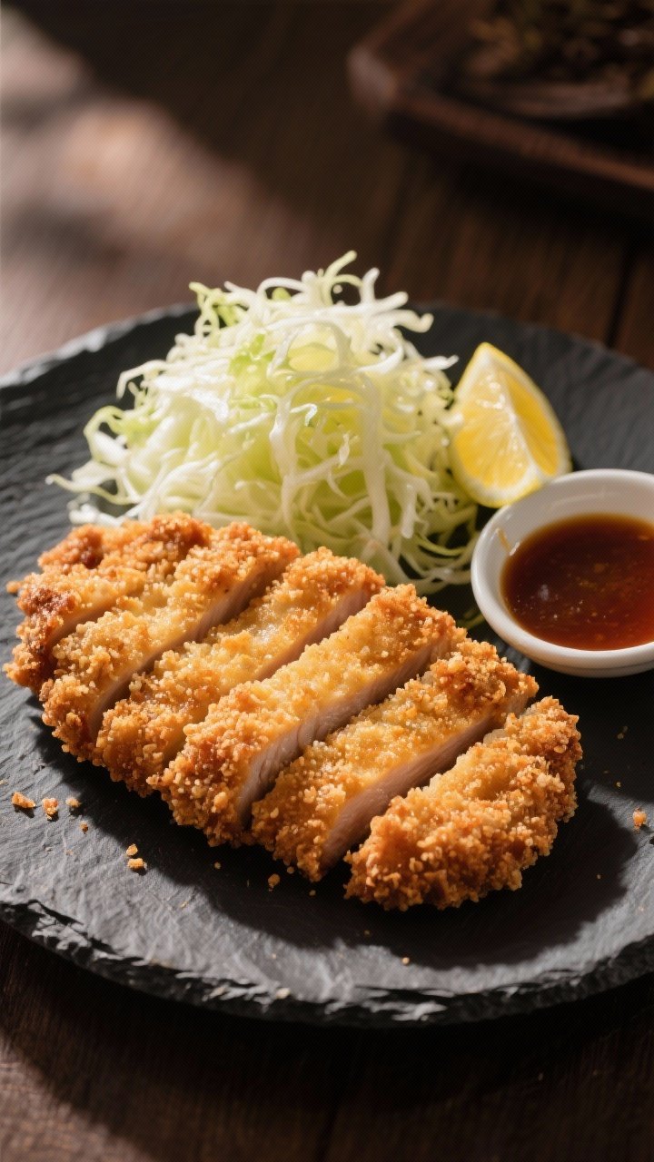 Final dish presentation — Restaurant-style plated katsu set: whole cutlet sliced into uniform stri