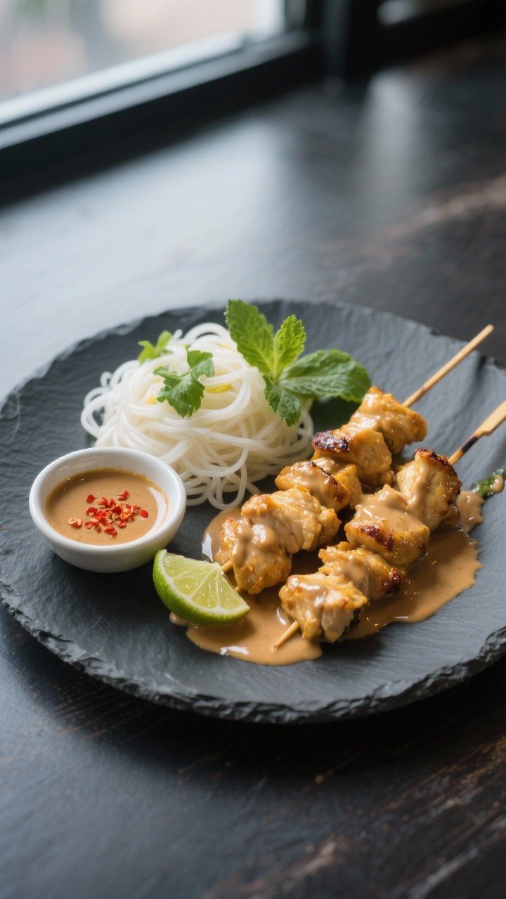 Final dish presentation: Restaurant-style plate of chicken satay skewers drizzled with silky peanut 