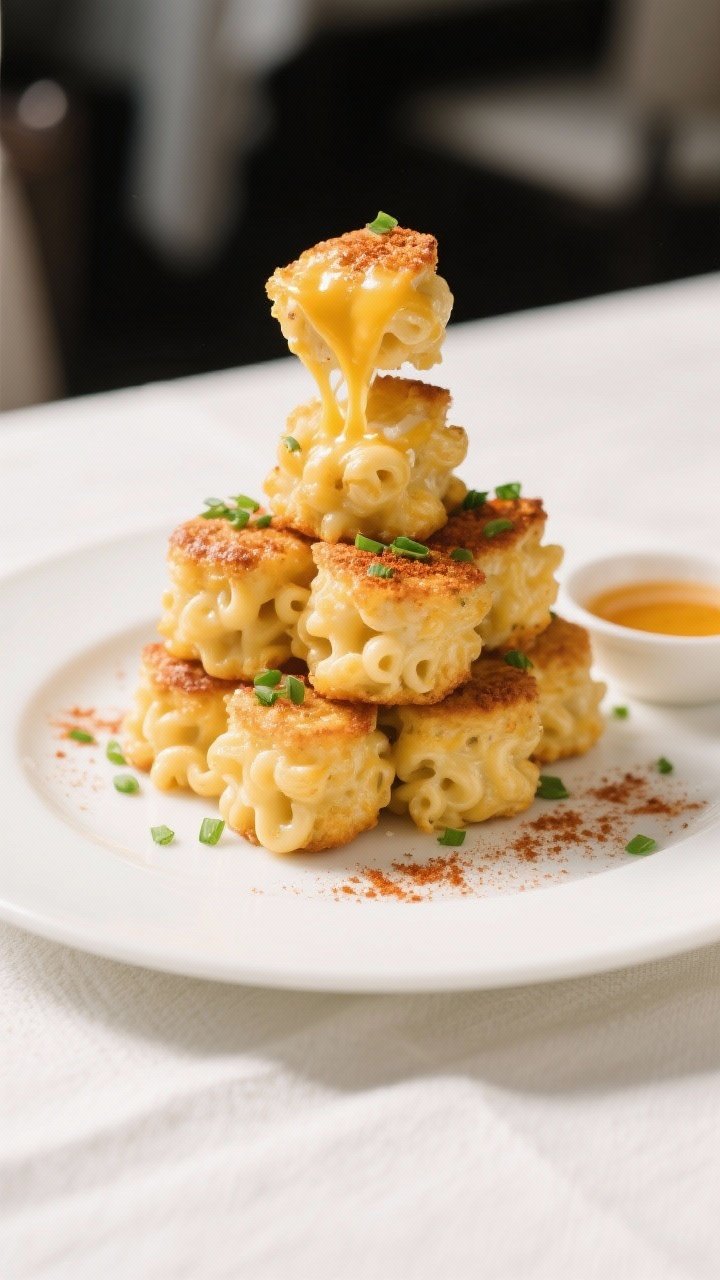 Final dish presentation: Restaurant-style plate of mac and cheese bites stacked into a neat pyramid,