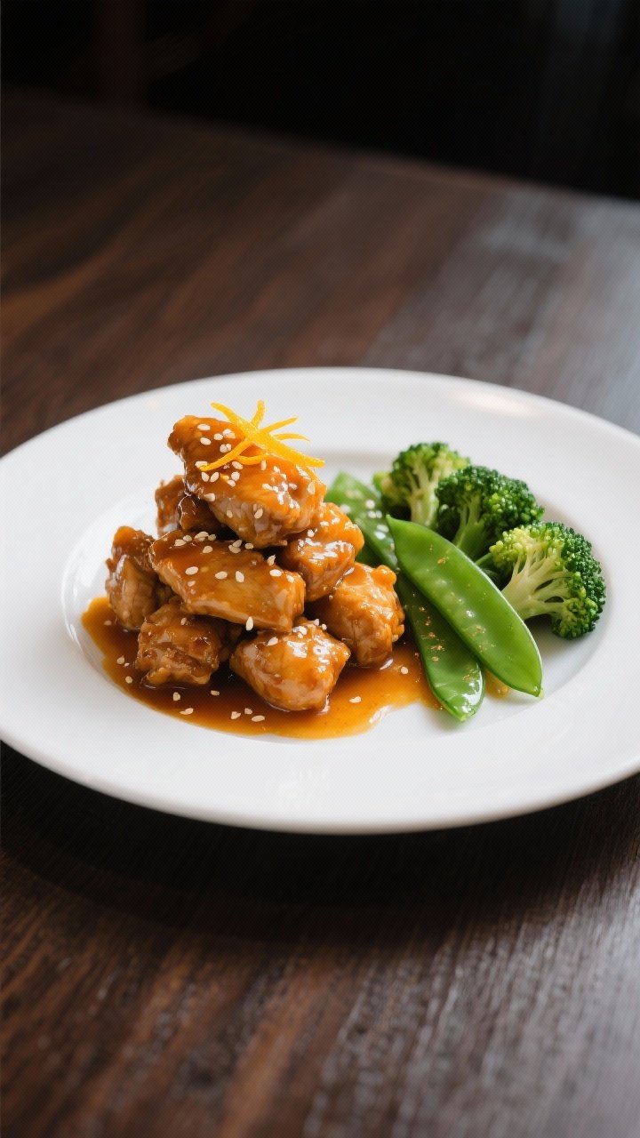 Final dish presentation: Restaurant-style plate of Orange Chicken with a side of crisp-tender steame