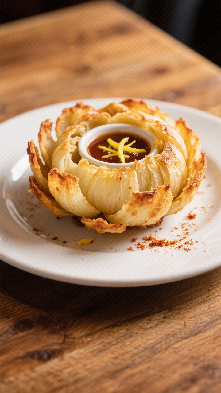 Final dish presentation: Restaurant-style plating of the bloomin’ onion with the dipping sauce nes