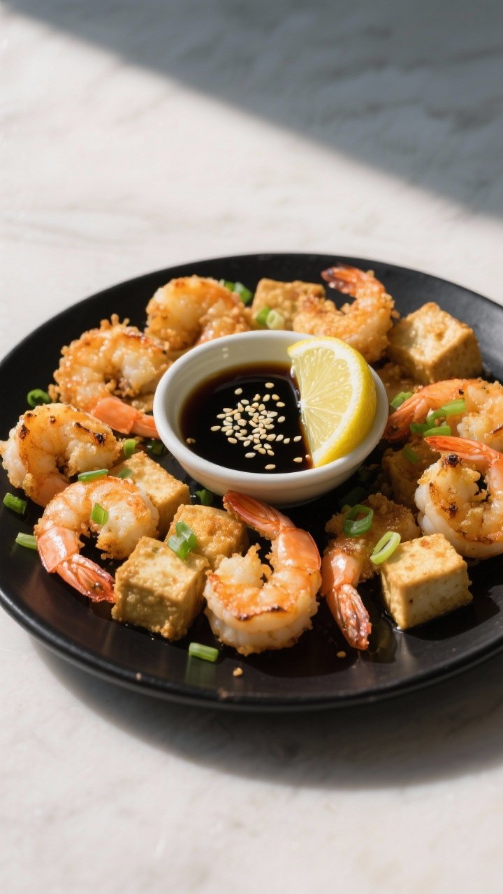 Final dish presentation: Restaurant-style platter of air-fried shrimp and tofu cubes with a central 