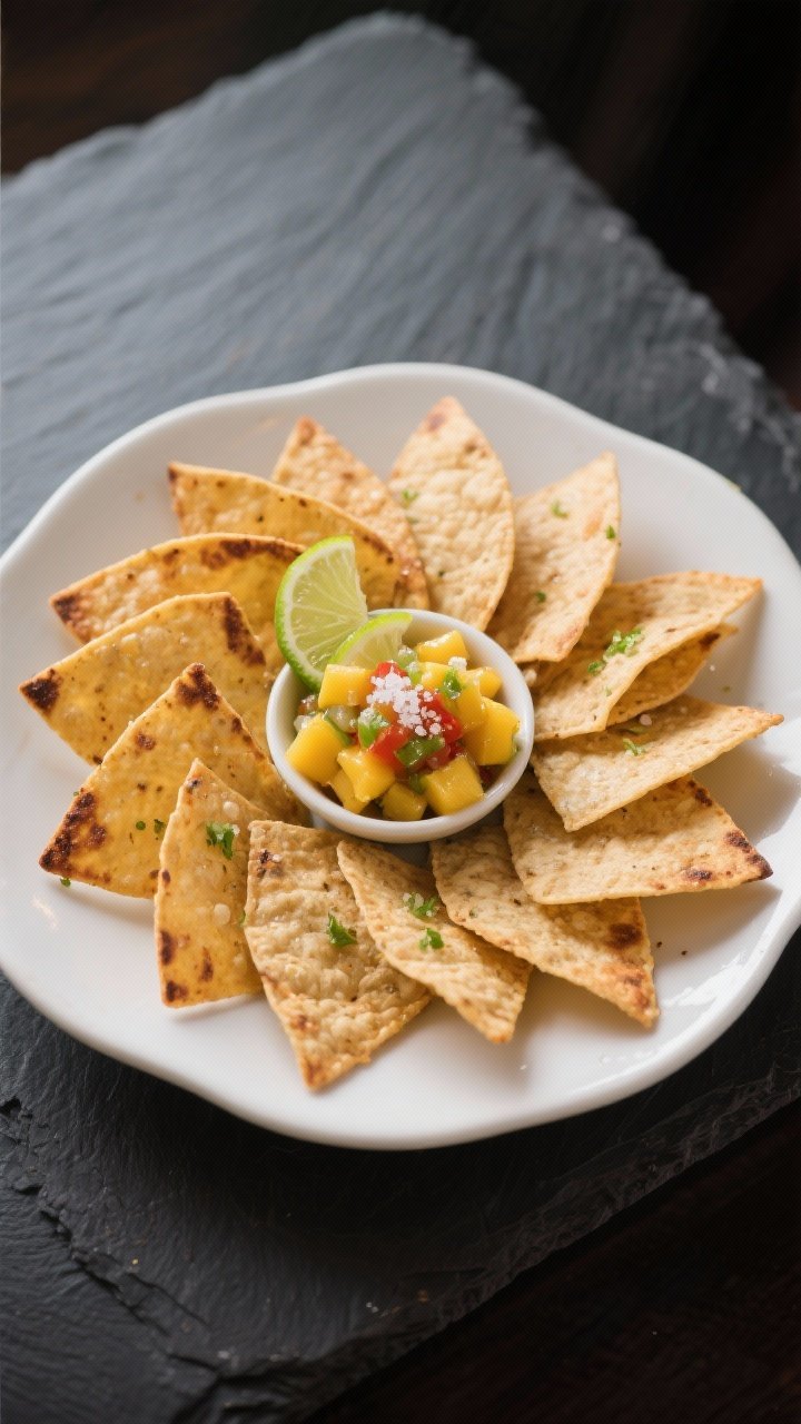 Final dish presentation: Restaurant-style platter of chili-lime tortilla chips arranged in a fan wit
