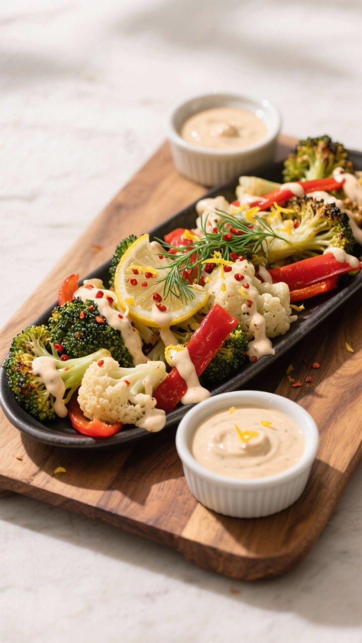Final dish presentation: Roasted vegetable platter (broccoli, cauliflower, and red pepper strips) wi
