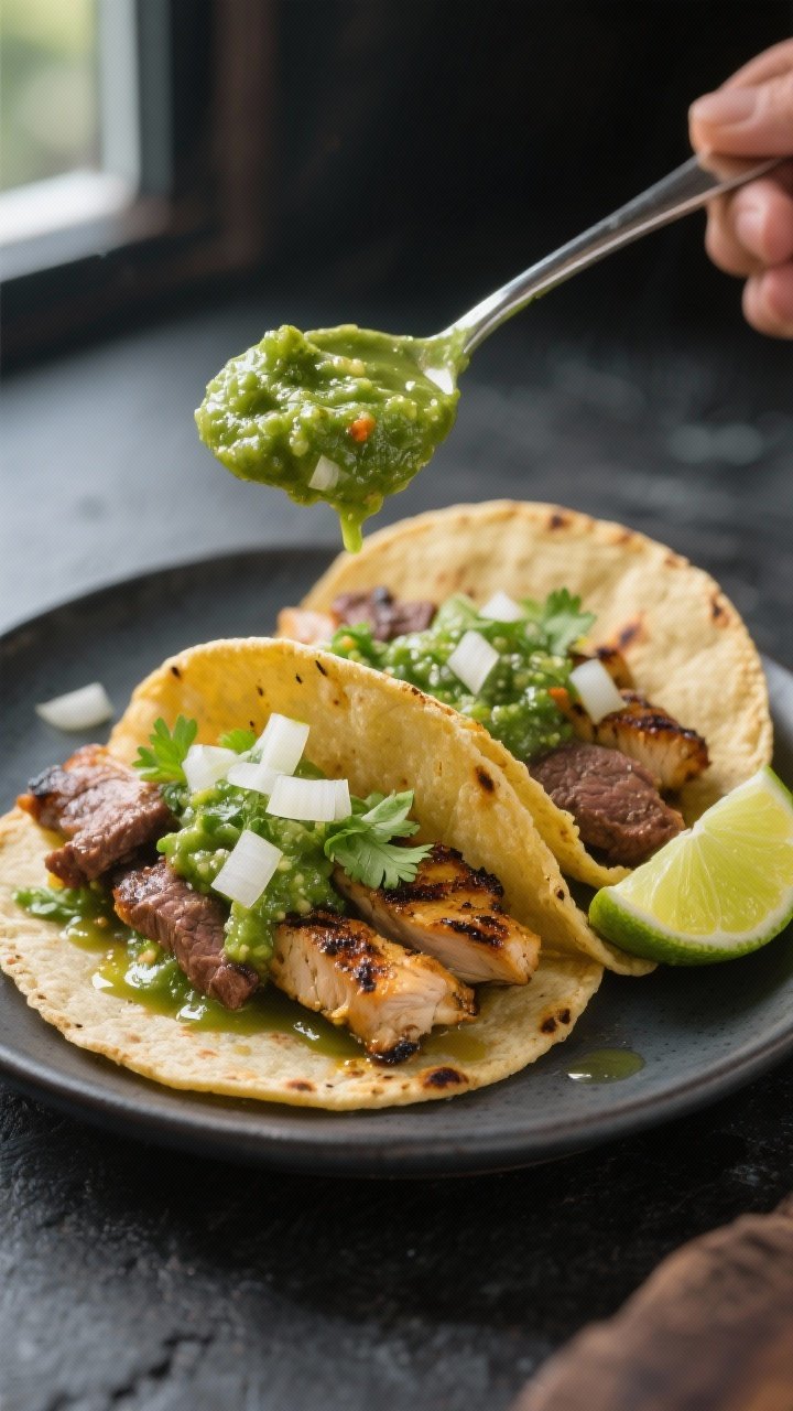 Final dish presentation: Salsa verde spooned generously over carne asada tacos (or grilled chicken) 