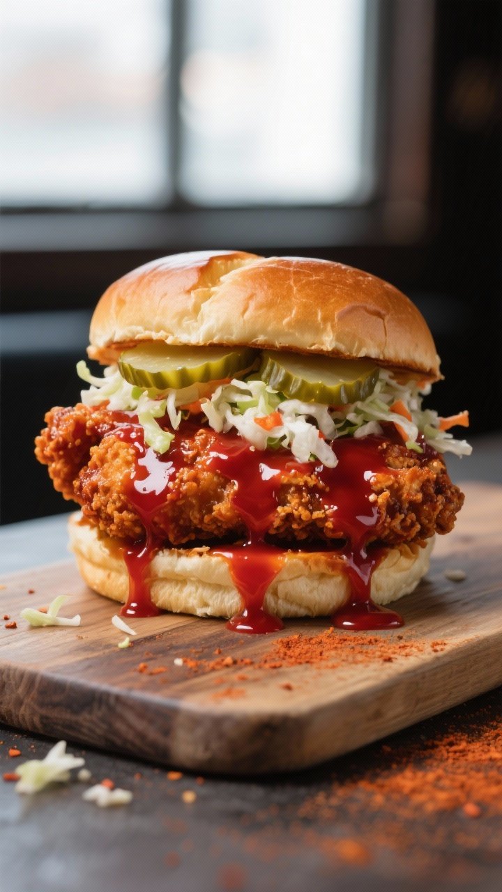 Final dish presentation: Sandwich-style Nashville hot chicken on a toasted brioche bun, the glossy, 