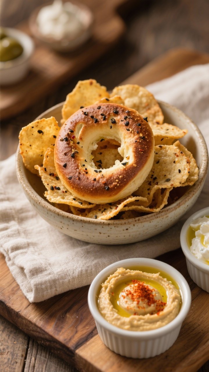 Final dish presentation (savory): Beautifully plated savory bagel chips piled in a rustic shallow ce