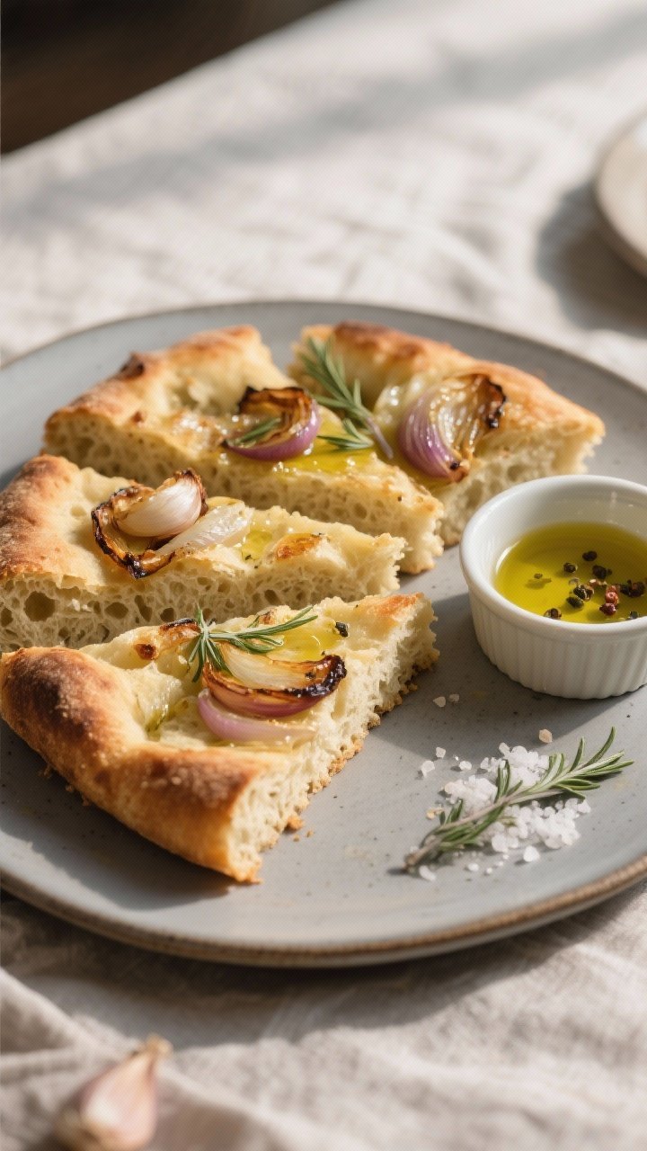 Final dish presentation: Sliced focaccia wedges on a matte ceramic platter, crumb facing camera to r
