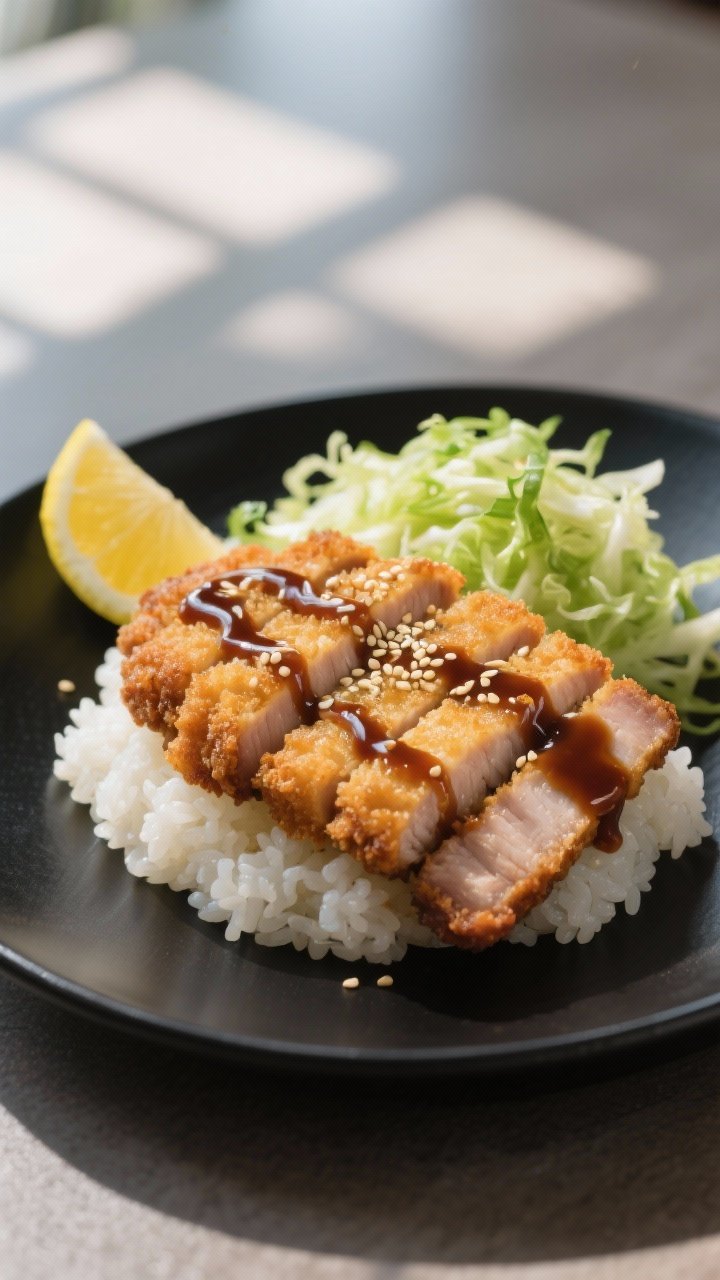 Final dish presentation: Sliced pork tonkatsu fanned over steamed white rice with finely shredded gr