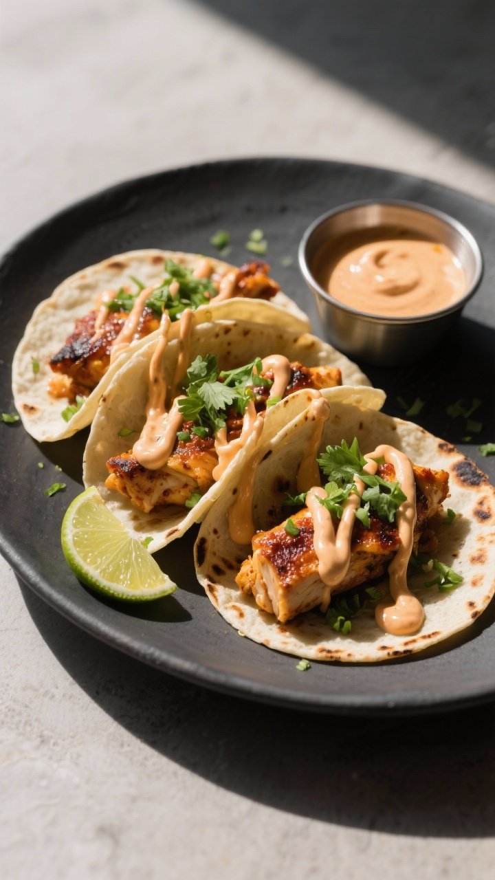 Final dish presentation: Street-style chicken tacos on a matte charcoal plate, generously drizzled w
