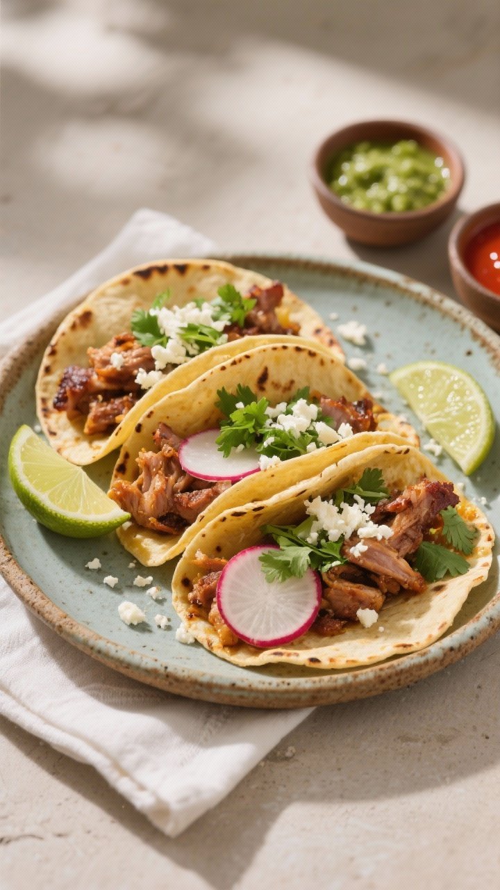 Final dish presentation: Street-style pork carnitas tacos plated on a rustic ceramic platter—warm,