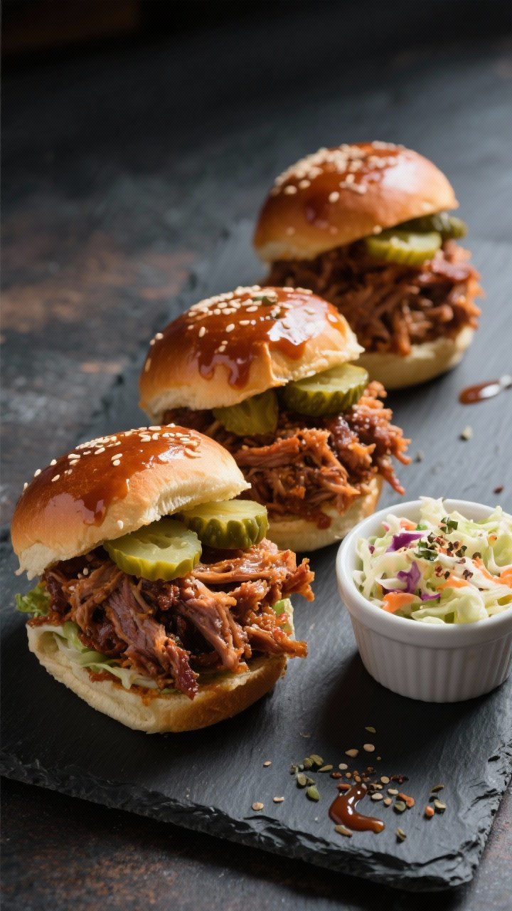 Final dish presentation: Three assembled Air Fryer BBQ Pulled Pork Sliders on a dark slate plate—t