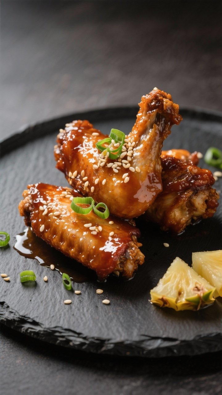 Final dish presentation: Three sauced wings (two flats, one drumette) artfully stacked on a dark sla