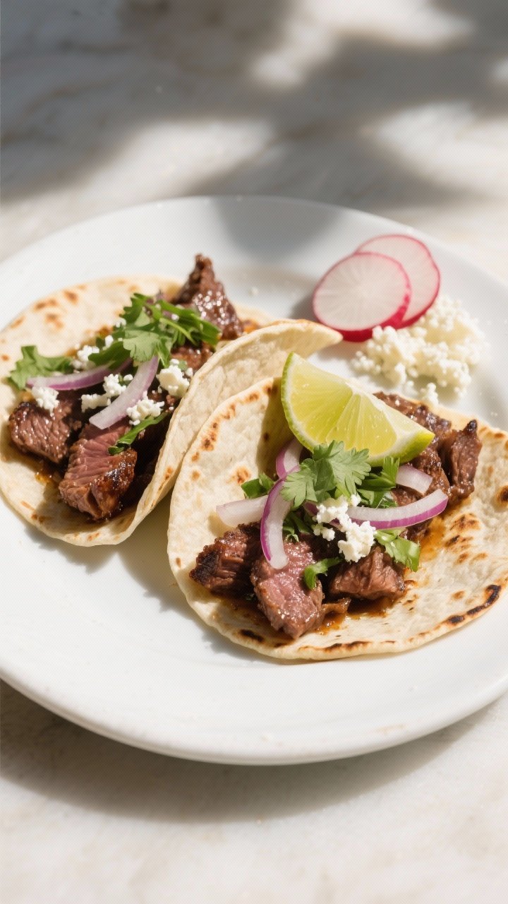 Final dish presentation: Two carne asada tacos on a simple white ceramic plate, generously filled wi