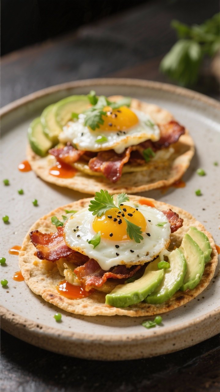 Final dish presentation: Two tostadas plated on a rustic ceramic platter with a light drizzle of ext
