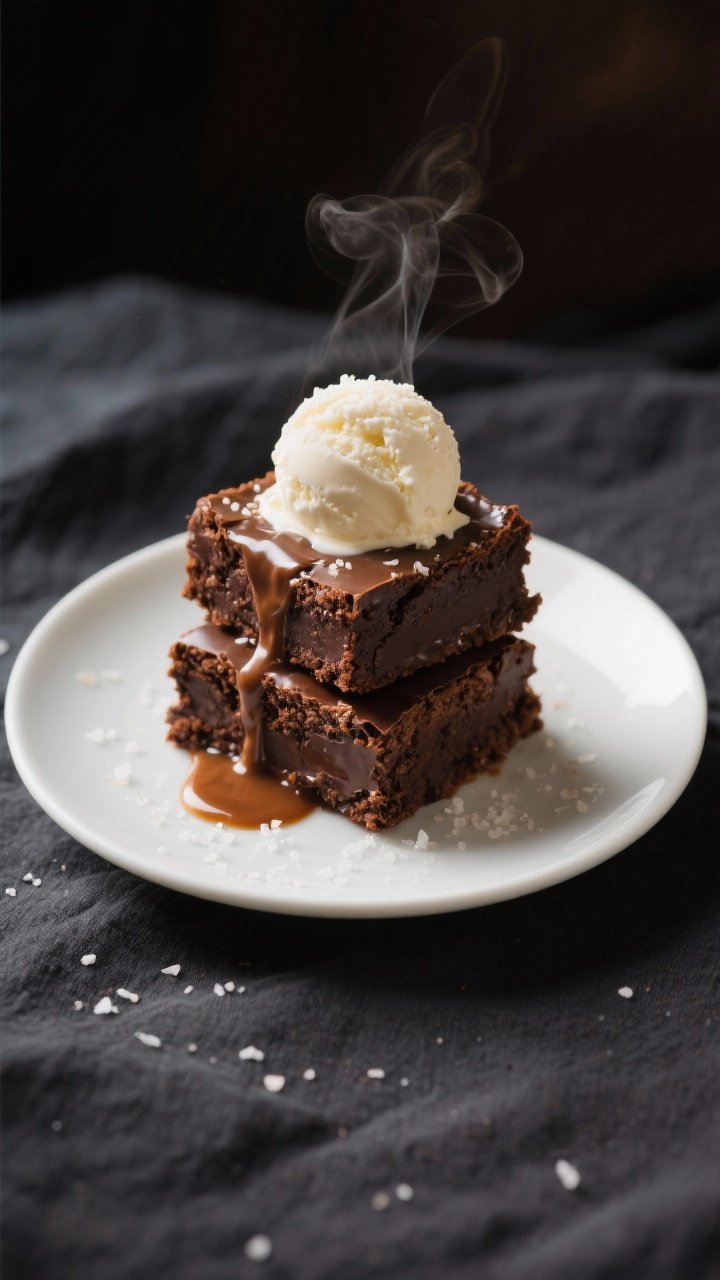 Final dish presentation: Two warm brownie squares stacked on a small white plate with a scoop of van
