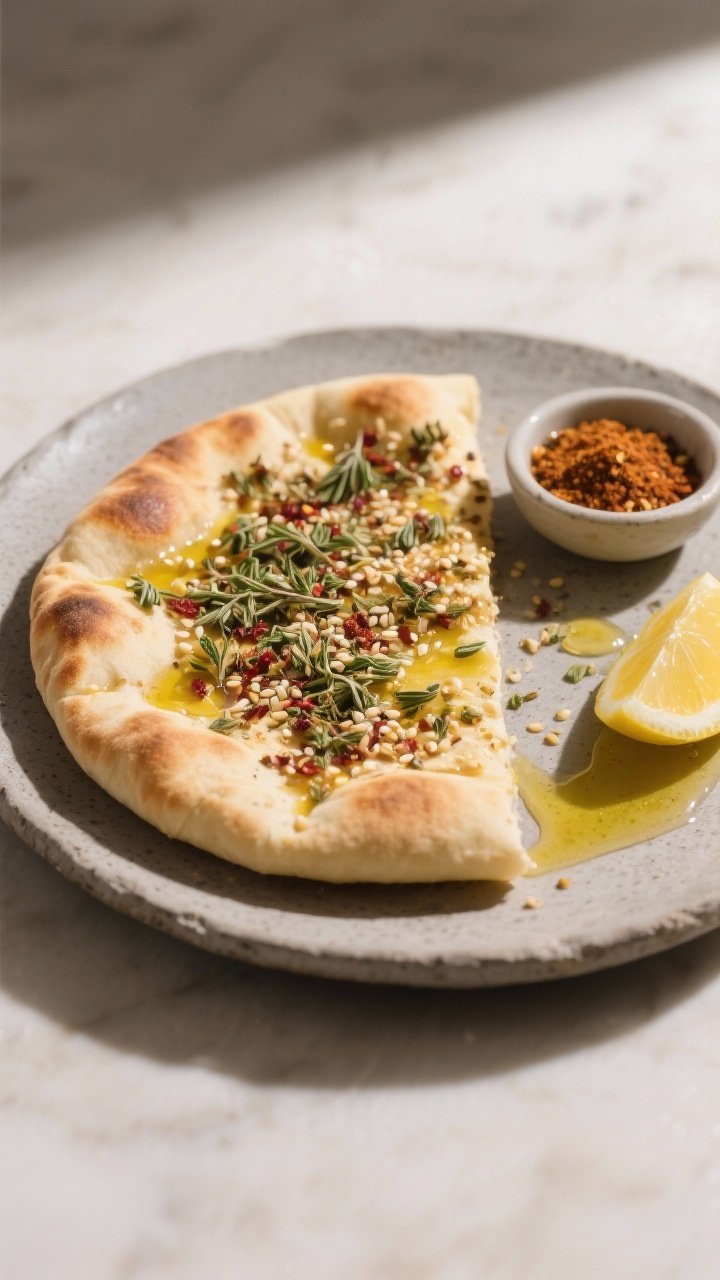 Final dish presentation: Warm pita brushed with olive oil and lavishly sprinkled with za’atar (vis