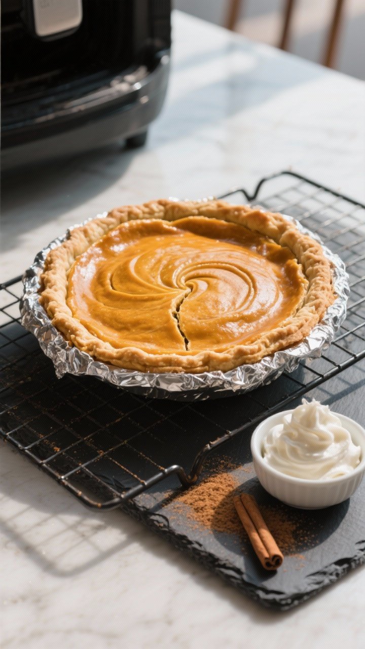 Final dish presentation: Whole air fryer pumpkin pie on a cooling rack after baking, foil shield jus