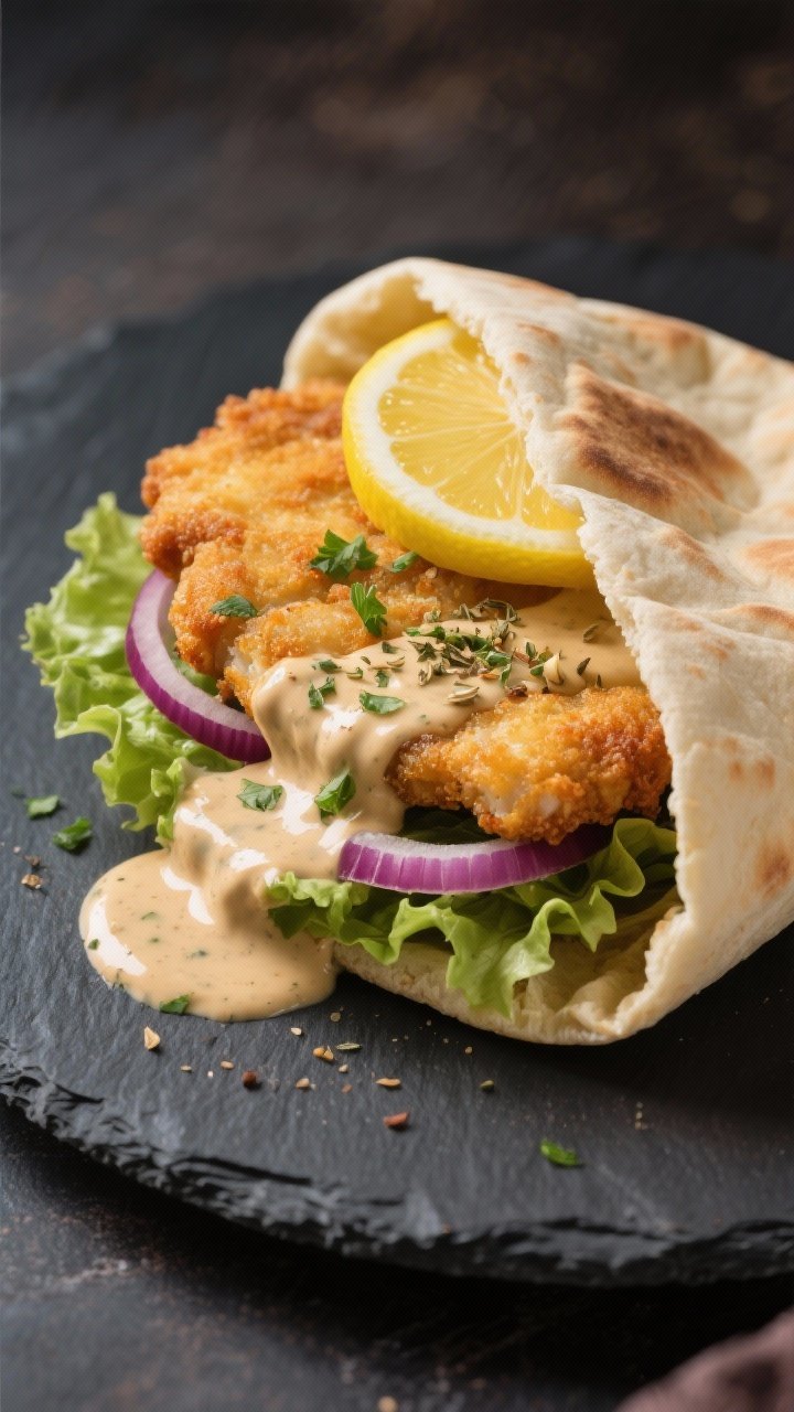 Final dish presentation: Whole schnitzel stacked in a warm pita pocket with crisp lettuce, thinly sl