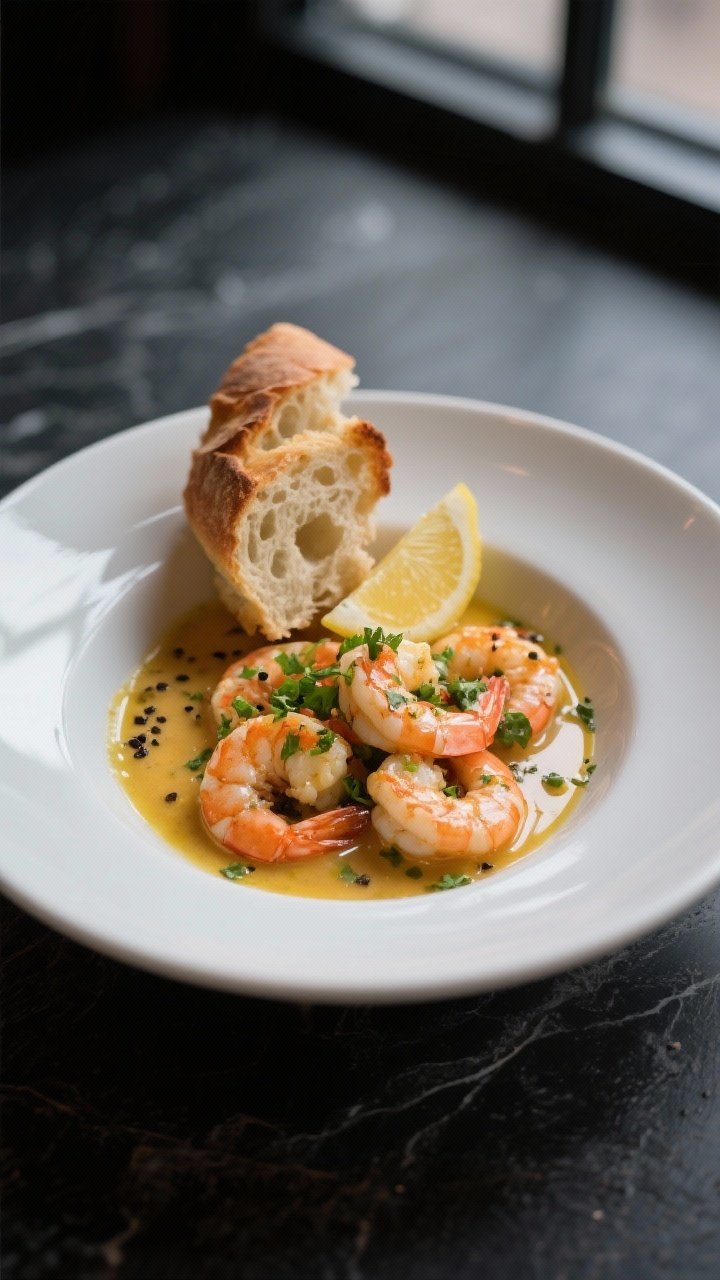 Final dish restaurant presentation: Elegant shallow bowl of shrimp scampi served with crusty torn br